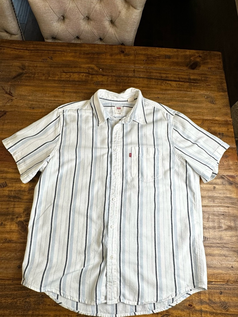 Levi's White Short-Sleeve Button-Up Shirt with Blue Stripes